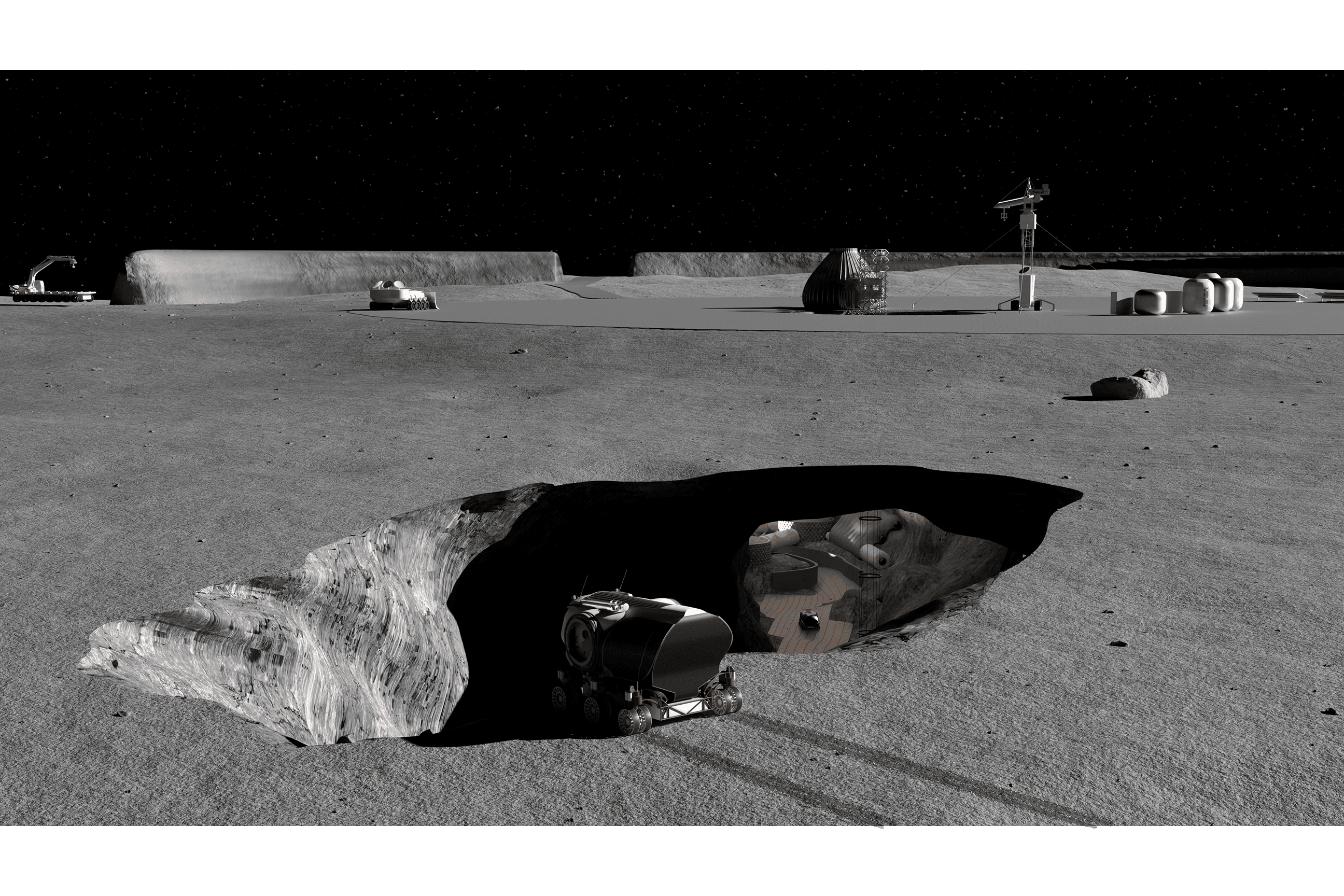 Cave opening render — lunar lava tube entrance